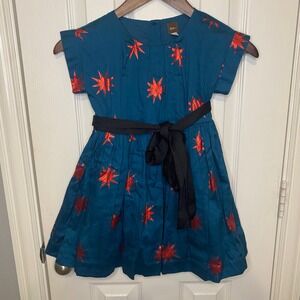 Tea Collection Girls Dress Size 5‎ Teal Blue Red Starburst Embroidered Party